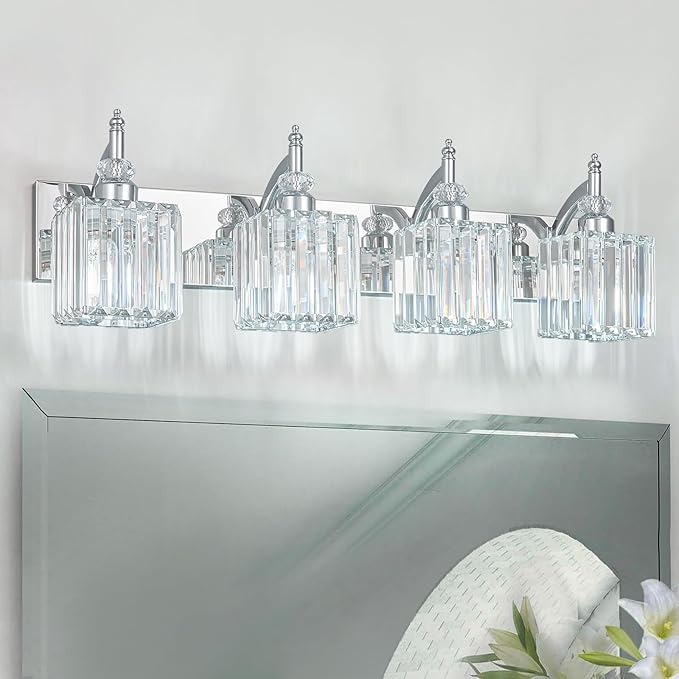 Crystal Vanity Lights Chrome 4 Light Bathroom Light Fixtures Over Mirror Modern Vanity Light for Bathroom