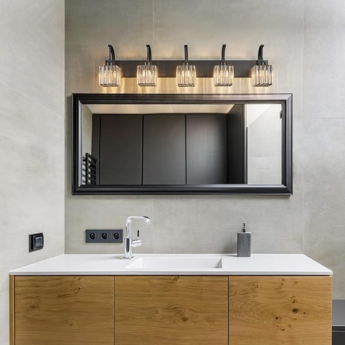 5-Light Crystal Vanity Light, Modern Black Bathroom Wall Sconce with K9 Crystal Shades, 42.51" Long Over Mirror Lighting for Vanity, Makeup, Hallway, Elegant & Easy Installation