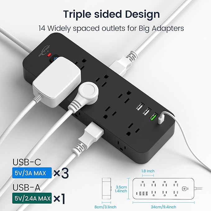 Surge Protector Power Strip with USB Ports, 14 AC Outlets with 4 USB Ports (1 USB C), 5 Feet Cord with Multiple outlets, 1875W/15A, One Touch Switch Button, Wall Mountable for Home, Office-Black