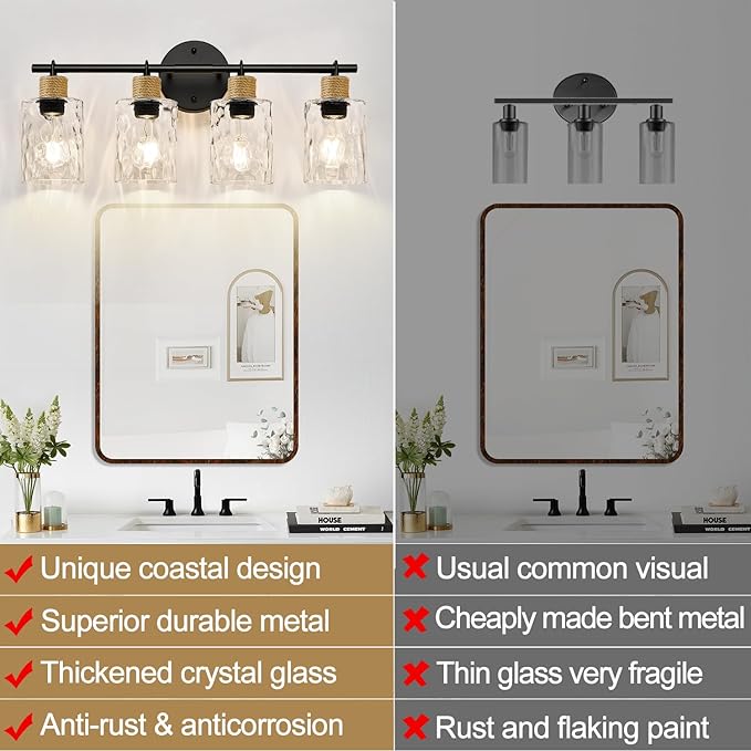2025 Upgrade Bathroom Light Fixtures, 4-Light Coastal Vanity Lights with Crystal Glass Shade, Black Bathroom Wall Lamp for Mirror Kitchen Hallway Cabinet
