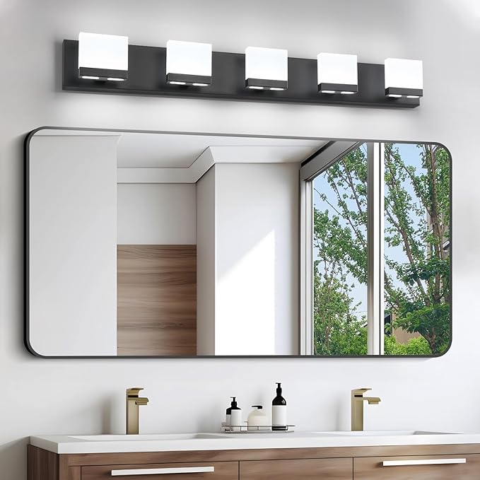 SineRise LED Modern Bathroom Vanity Light Fixtures (5-Light, 40-Inch,6000K), Matte Black Modern Acrylic Bathroom Wall Lighting Fixtures Over Mirror