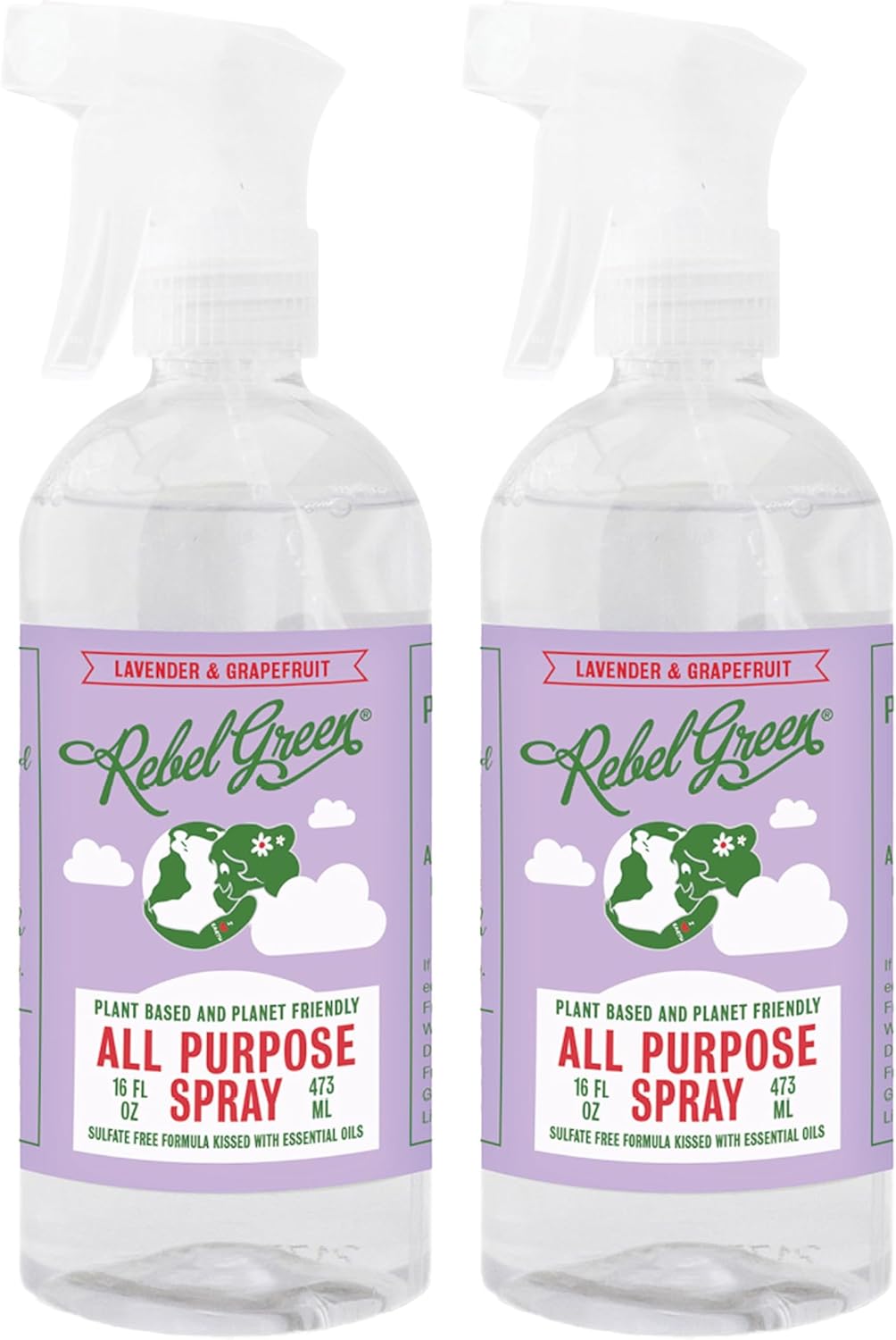 Rebel Green Natural All-Purpose Cleaning Spray - Plant-Based Multi-Surface Cleaner with Essential Oils for Kitchen, Bath, Countertops and More - Lavender & Grapefruit Scent - 16 oz - 2 Pack