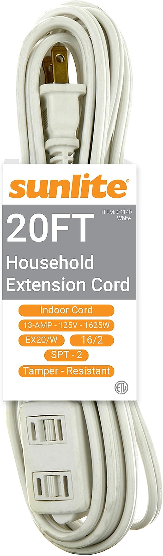 Sunlite 04140-SU 20-Foot Household Extension Cord, Three 2-Prong Polarized Sockets, Tamper Guards, Indoor Use, for Small Appliances, Electronics, Lamps, Fans, Mobile Devices, ETL Listed, 20', White