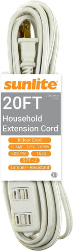 Sunlite 04140-SU 20-Foot Household Extension Cord, Three 2-Prong Polarized Sockets, Tamper Guards, Indoor Use, for Small Appliances, Electronics, Lamps, Fans, Mobile Devices, ETL Listed, 20', White