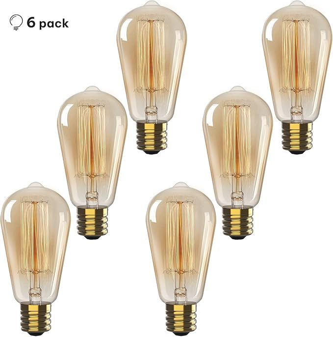 Vintage Edison Incandescent 60W Light Bulbs (6 Pack) - E26/E27 Base, 2100K Dimmable Decorative ST64 Antique Squirrel Filament Amber Warm Bulb for Indoor & Outdoor
