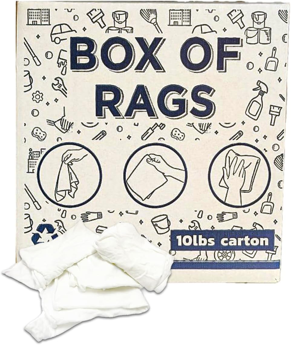 Recycled White T-Shirt Cleaning Rags (10.0 lbs. Box) – Shop Rags Bulk for Oil, Stain, Grease, Paint, and Auto Cleaning, Multipurpose