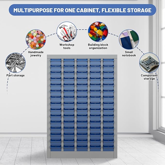 75-Drawer Parts Storage Cabinet, Multi-Purpose Organizer for Screws, Bolts, Nails, Craft Supplies, Legos, Tools, Compact Plastic Drawer Unit,Hardware Organizer for Garage, Workshop, Classroom