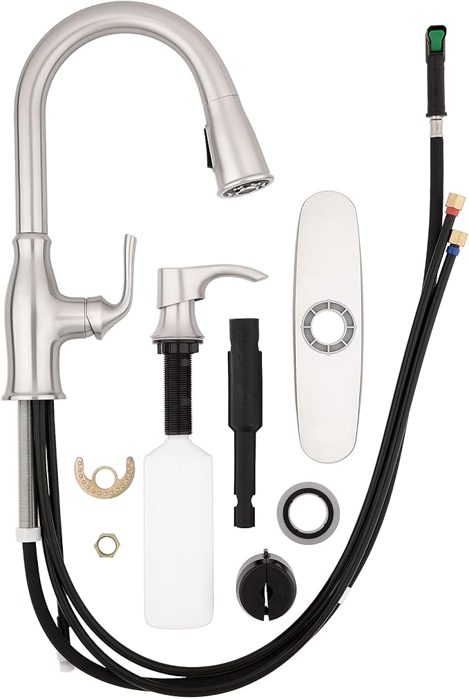 Pfister Rosslyn Kitchen Faucet with Pull Down Sprayer and Soap Dispenser, Single Handle, High Arc, NSF Certified, Spot Defense Stainless Steel Finish, F5297RSSRGS