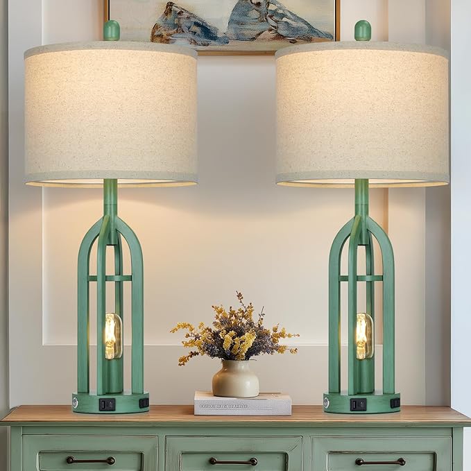 27" Tall Vintage Table Lamp Set of 2 with USB C+A & Outlet,Farmhouse Green Table Lamp for Living Room,Retro Bedside Lamps with Night Light for Bedroom Entryway,Green