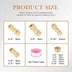 90PCS Brass Tube Pipe Fittings Kit, Nylon Tubing Fittings Assortment 1/8" 3/16" 1/4" 3/8" 1/2" OD Compression Union Straight Connector & Sleeves Ferrules for Truck Airlines and Industrials