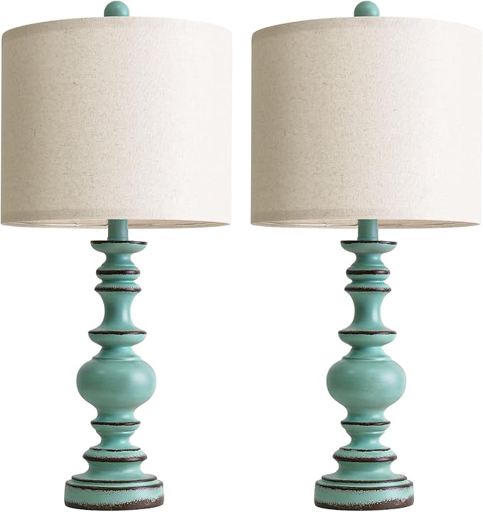 BOBOMOMO 24" Farmhouse Table Lamps Set of 2 – Distressed Teal Lamps with Linen Shades, Cottage Style Bedside Lamps for Bedroom, Living Room, or Entryway, Medium Height Lamps with Coastal Vintage Charm