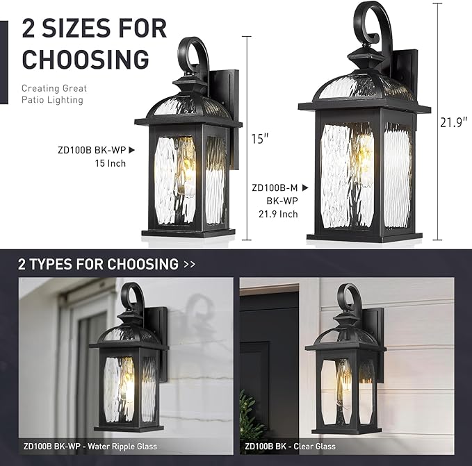 zeyu 2 Pack Outdoor Wall Lamps, 15-inch Black Exterior Light Fixtures for Patio House, Die-Cast Aluminum with Water Ripple Glass, Black Finish, ZD100B-2PK BK-WP