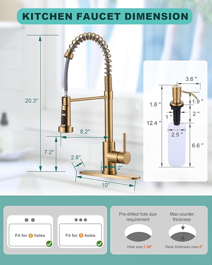 Kitchen Sink Faucet with Soap Dispenser: Brushed Gold Kitchen Faucets with Pull Down Sprayer - Stainless Steel Single Handle Kitchen Faucet with Deck Plate for Farmhouse RV Laundry