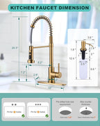 Kitchen Sink Faucet with Soap Dispenser: Brushed Gold Kitchen Faucets with Pull Down Sprayer - Stainless Steel Single Handle Kitchen Faucet with Deck Plate for Farmhouse RV Laundry