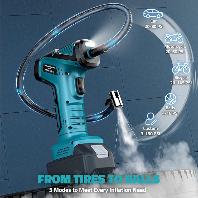 150PSI Tire Inflator Portable Air Compressor: Cordless Air Pump Compatible with Makita 18V Battery - Car Tire Pump with Digital Pressure Gauge & LED Light for Auto, Motorcycles(Bare Tool)