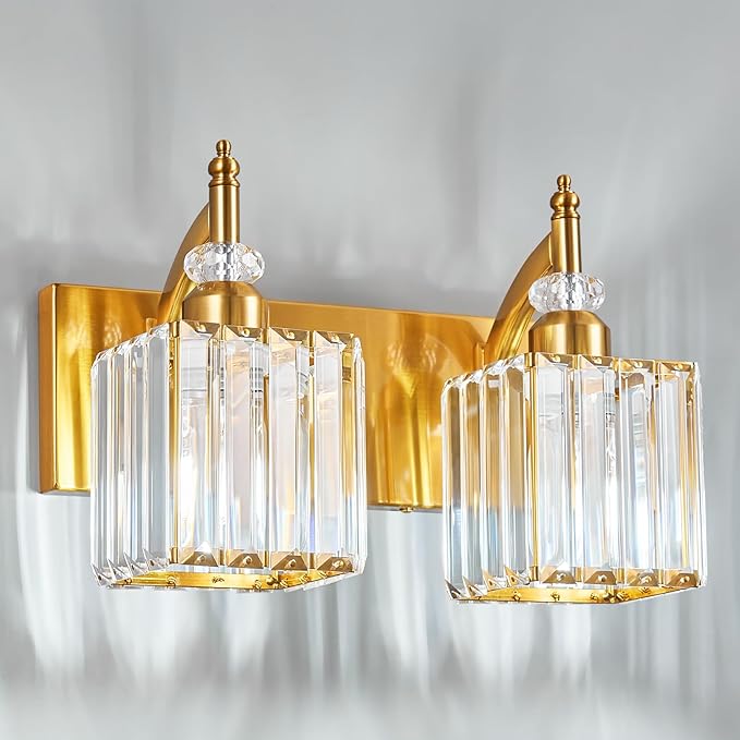 Crystal Vanity Lights Gold 2 Light Bathroom Light Fixtures Over Mirror Modern Vanity Light for Bathroom