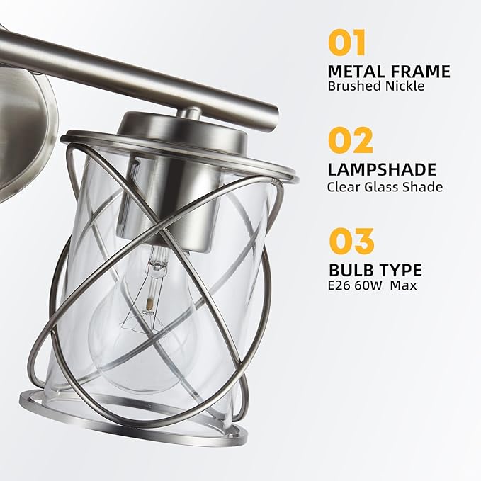 Mavcadonf Modern Vanity Lights - 2 Lights Over Mirror, Brushed Nickel with Cage Shade, Bathroom & Bedroom Wall Lamp