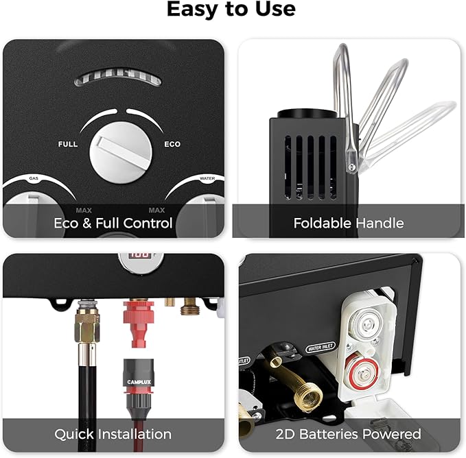 CAMPLUX Portable Water Heater,1.58 GPM Propane Water Heater Outdoor,41,000 BTU Camping Water Heater with 1.6 GPM Water Pump Pack，BW158GP60, Black