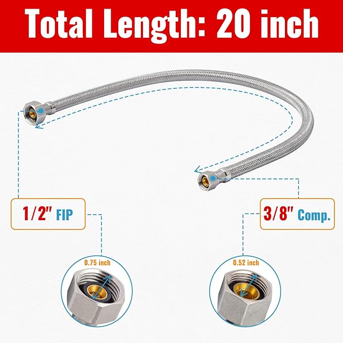 (2 Pack) SUNGATOR 20 Inch Faucet Supply Lines, 3/8" Female Comp Thread x 1/2" FIP Thread Sink Hose, 20" Stainless Steel Braided Faucet Supply Line for Bathroom, with 2 Wrenches and 1 Sealing Tape