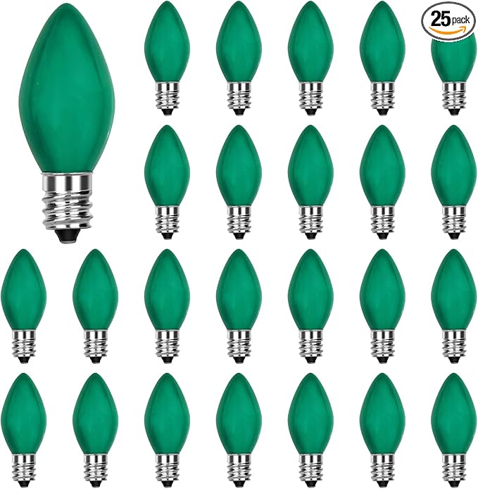 25 Pack C7 Replacement Christmas Light Bulb, Christmas Green Replacemen Bulb C7/E12 Base for Outdoor String Lights Window Candles Chandeliers Salt Lamp, 5 Watt