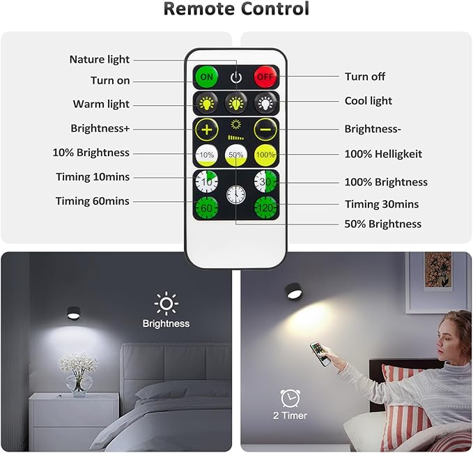 LED Wall Lights, Wall Lamp 3 Color Temperatures & Dimmable Magnetic 360° Rotation with Remote, Wall Sconces 2 Pcs with 3000mAh Rechargeable Battery, Cordless Wall Light for Reading Bedside Hallway