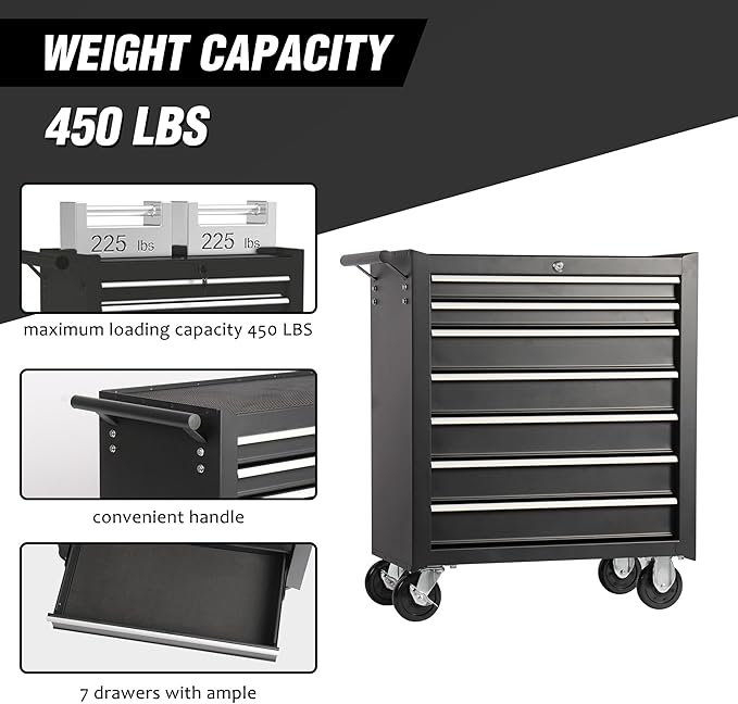 7-Drawer Rolling Tool Chest w/Drawers & Lock, Tool Storage Cabinet with Lockable Wheels, Top Cushion & Drawer Liners, Tool Organizer Box for Garage, Warehouse & Repair Sho