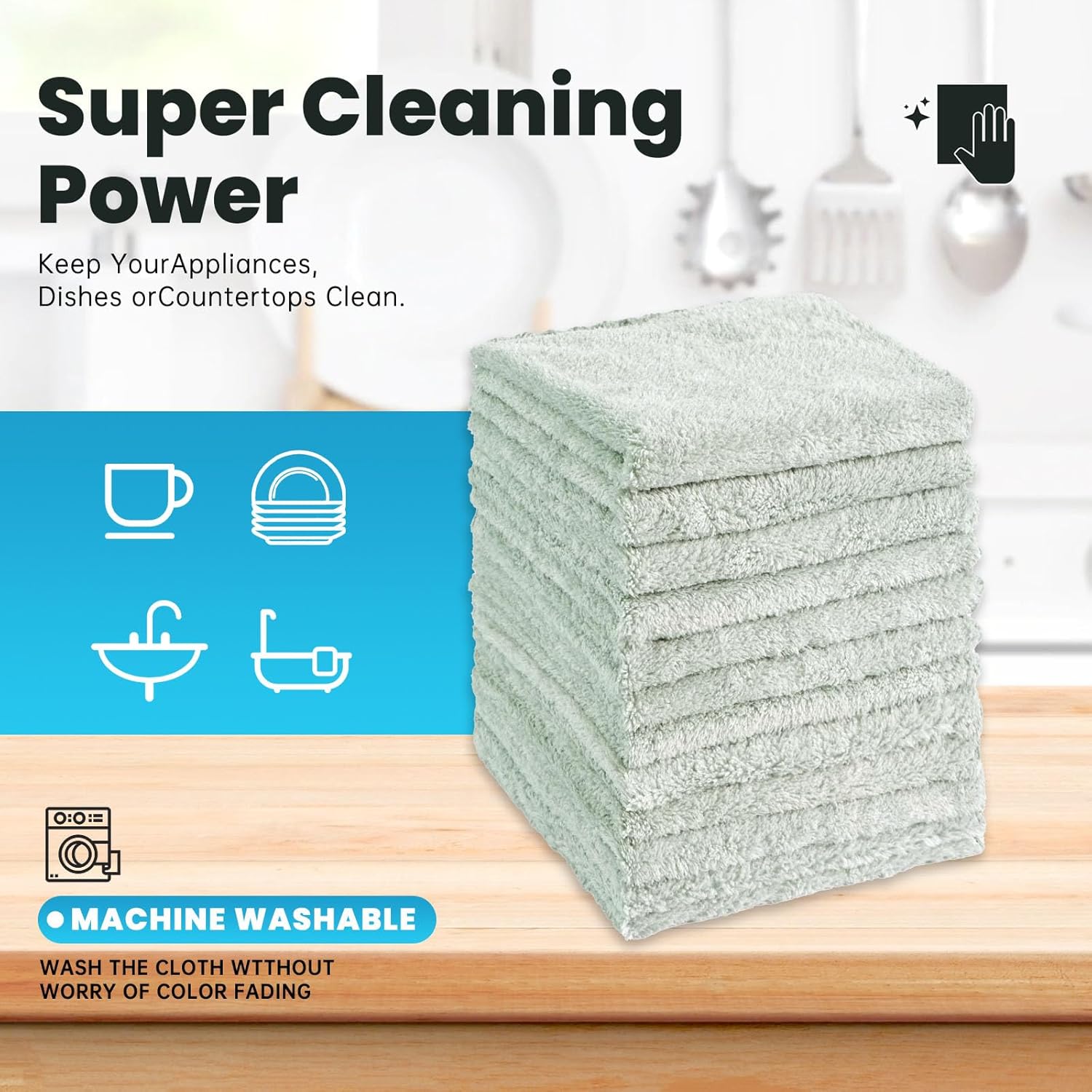 12 Pack Cleaning Cloth,Ultra Soft Absorbent Quick Drying Microfiber Cleaning rags,No scratches,Reusable,Washable,Lint Free Cleaning Towels for Kitchen,Window,Glass,car,11.8"×11.8"(Light Green)