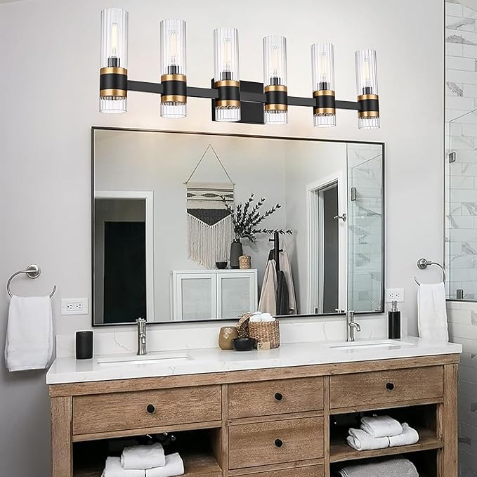 MELUCEE 6 Lights Bathroom Lighting Fixtures Over Mirror, Farmhouse Vanity Lights Matte Black Finish with Ribbed Clear Glass Shade, Metal Wall Mount Light for Bath Kitchen Living Room, E12 Base