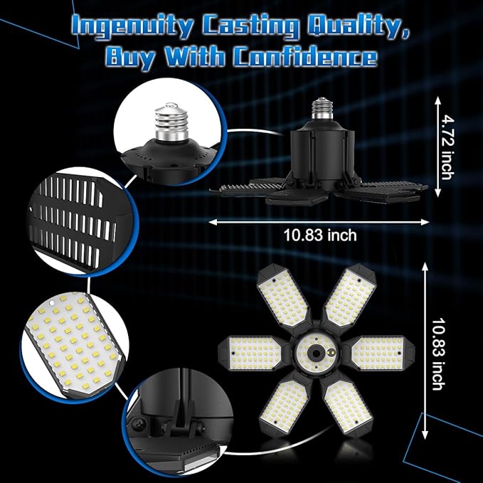 LED Garage Lights - 30000LM Super Brighter Garage Lighting w/ 6 Deformable Panels 6500K Led Shop Lights E26 Screw in Base for Basement Workshop Warehouse Attic - 2Pack