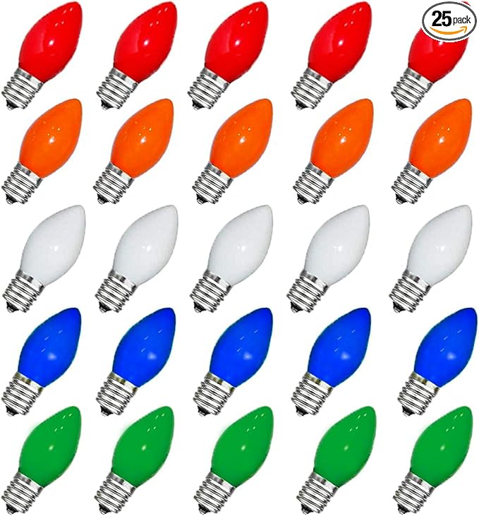 Couah Christmas Light Bulbs C7 Multi-Color Replacement Bulbs（25 Pack） C7 Ceramic Outdoor String Light Replacement Bulbs, C7/E12 Candelabra Base, 5 Watt