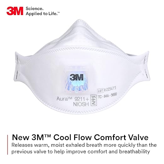 3M Aura Particulate Respirator 9211+, N95, Pack of 10 Disposable Respirators, Individually Wrapped, Cool Flow Valve, Flat Fold Design Allows for Facial Movement, NIOSH Approved, Comfort Plus, Dust