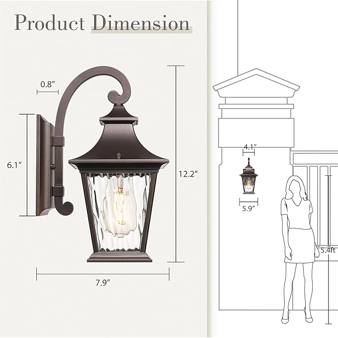 Emliviar 12.2 Inch Wall Light with Water Ripple Glass, 1-Light Outdoor Patio Light for House, Die-cast Aluminum in Oil Rubbed Bronze Finish, XE219B ORB