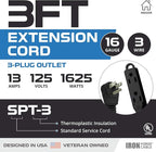 Iron Forge Cable 3 ft Flat Plug Black Extension Cord with 3 Outlets - 16/3 SJTW 3 Prong Indoor Extension Cord with Multiple Outlets