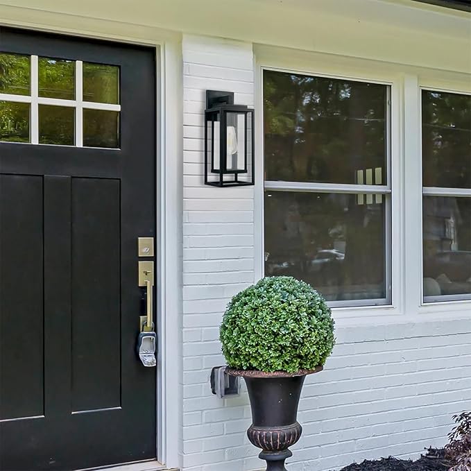 14" Outdoor Wall Light Fixtures Waterproofed Exterior Lantern W/Sturdy Rectangular Double Cage In Satin Black&Clear Tempered Glass,Sconce Mounted For House Patio,Front door,Porch,Garage Lighting 2Pack