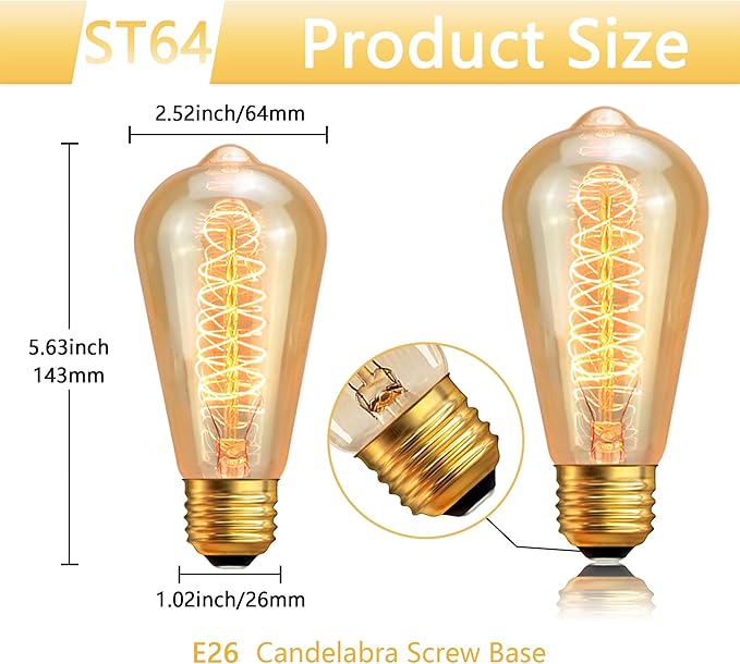 ST64 Incandescent Light Bulbs 110V 40W Edison Bulbs 6 Pack,Amber Vintage 240LM,E26 Base 2200K Dimmable Decorative Antique Wire Wound Incandescent Bulb for Chandelier Pendant Lamps