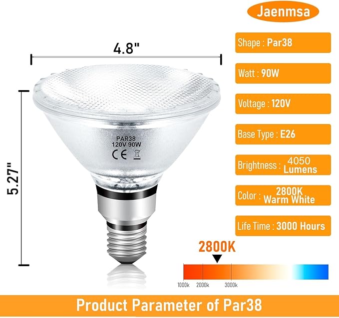 PAR38 Halogen Flood Light Bulbs 90W 120V, 4Pcs Halogen PAR38 90W Light Bulbs Dimmable with E26 Base, 2700K Warm White, 4050 Lumens for Indoor and Outdoor