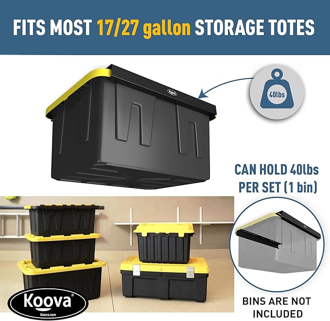 Koova Heavy-Duty Overhead Garage Storage Rack for 1 Bin. Adjustable Width, 40lb Capacity. DIY Super Safe Ceiling Mount, Easy 4-Bolt Install. Fits 27-Gallon Tote. USA Made Steel. Space Saving Organizer