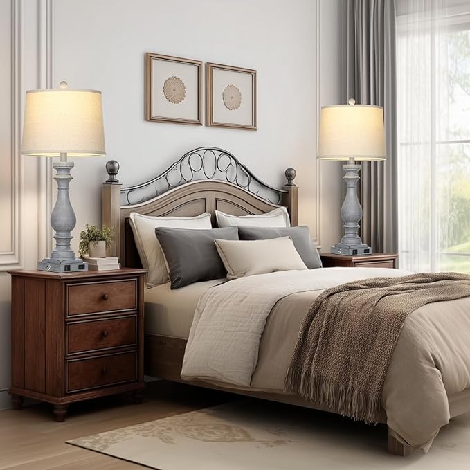 29" Tall Farmhouse Table Lamp for Living Room Set of 2,Vintage Retro Nightstand Lamps with USB C+A Ports & AC Outlet,3-Way Dimmable Touch Bedside Lamp for Bedroom Side Table,Light Grey