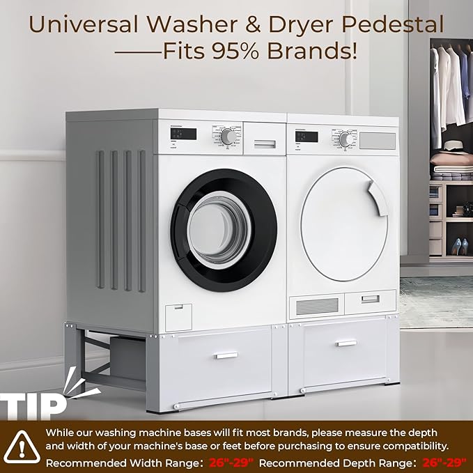 SKM 29" Washer & Dryer Pedestals with Drawer - 2 Pack Laundry Stand Raiser, 14.3" Height, Steel Construction, White