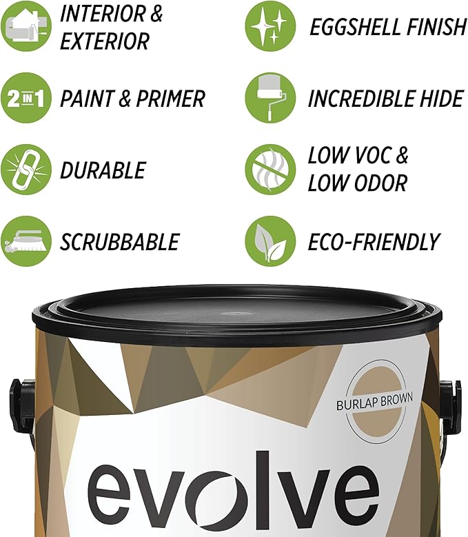 EVOLVE Paint & Primer: Environment-friendly, Low Sheen with One-coat Coverage for Interior & Exterior surfaces (Burlap Brown, 1-Gallon)
