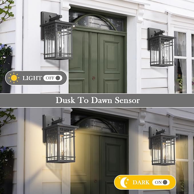 Dusk to Dawn Exterior Wall Lights, Outdoor Wall Lanterns Sensor Light Fixtures Wall Mount Waterproof Wall Sconce Anti-Rust Porch Light with Seeded Glass for Corridor, Garage, 2 Pack
