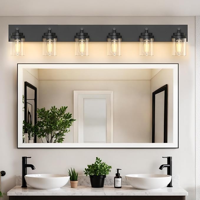 IZORRO Bathroom Vanity Light Fixture, 6-Light 43 Inch Matte Black Bathroom Light Fixtures Over Mirror, with Clear Glass Shade, Modern Farmhouse Vanity Lights, Rustic Restroom Lighting Fixtures