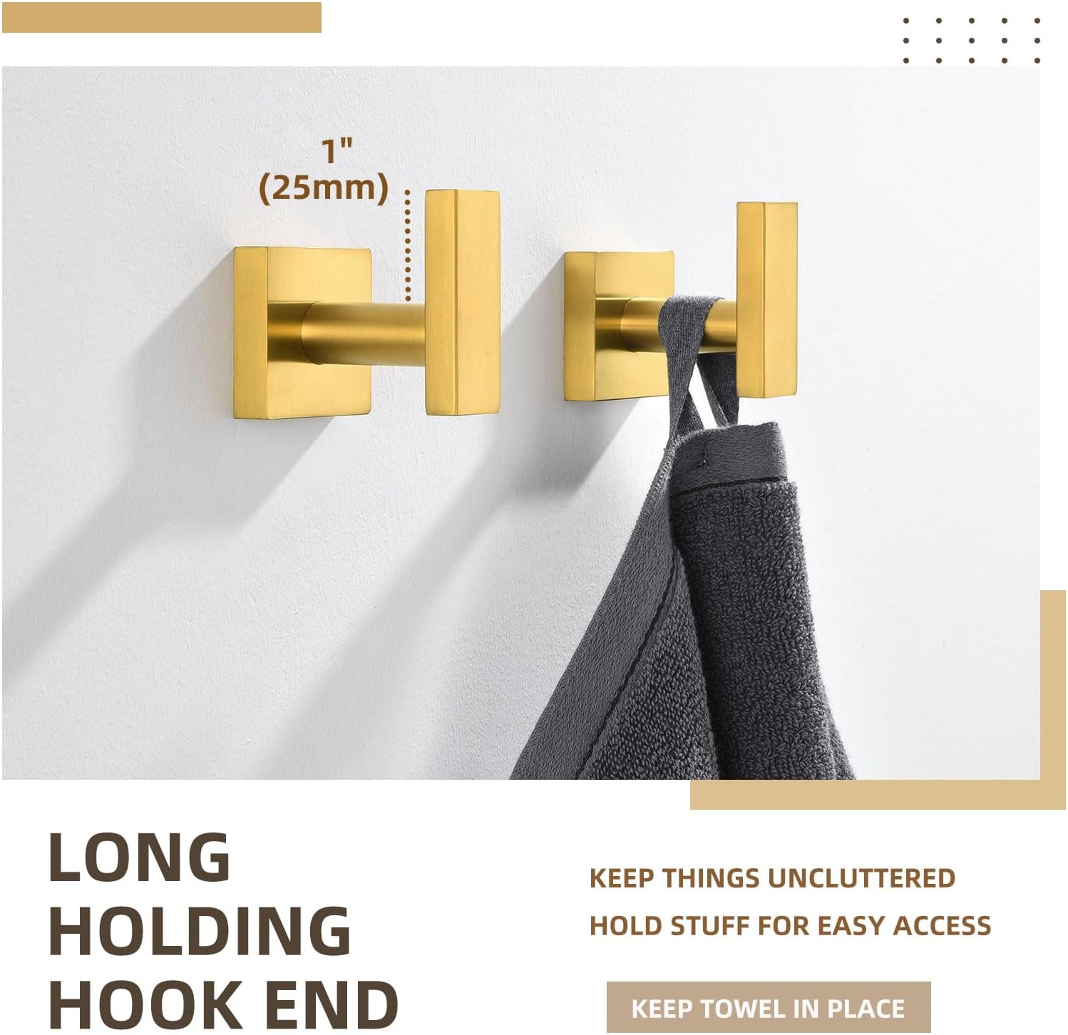 Angle Simple Towel Hooks for Bathroom, SUS 304 Stainless Steel Square Robe Coat Wall Hooks, Hand Towel Holder, Brushed Gold, 2 Pack