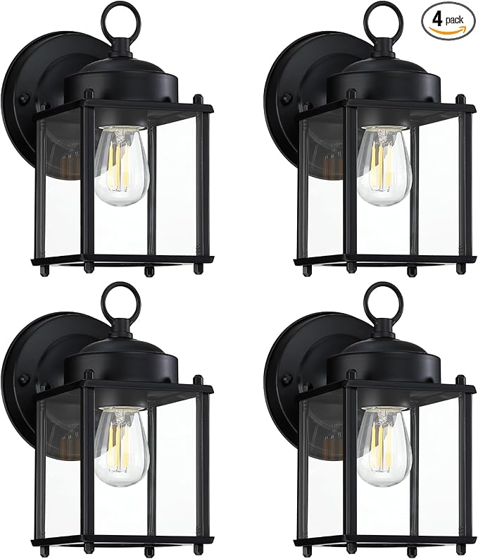 GRUENLICH Outdoor Wall Sconce, Exterior Wall Lighting Fixtures with Clear Glass, Front Porch Lighting, Outdoor Lights for Patio, Doorway, Matte Black, 4 Pack