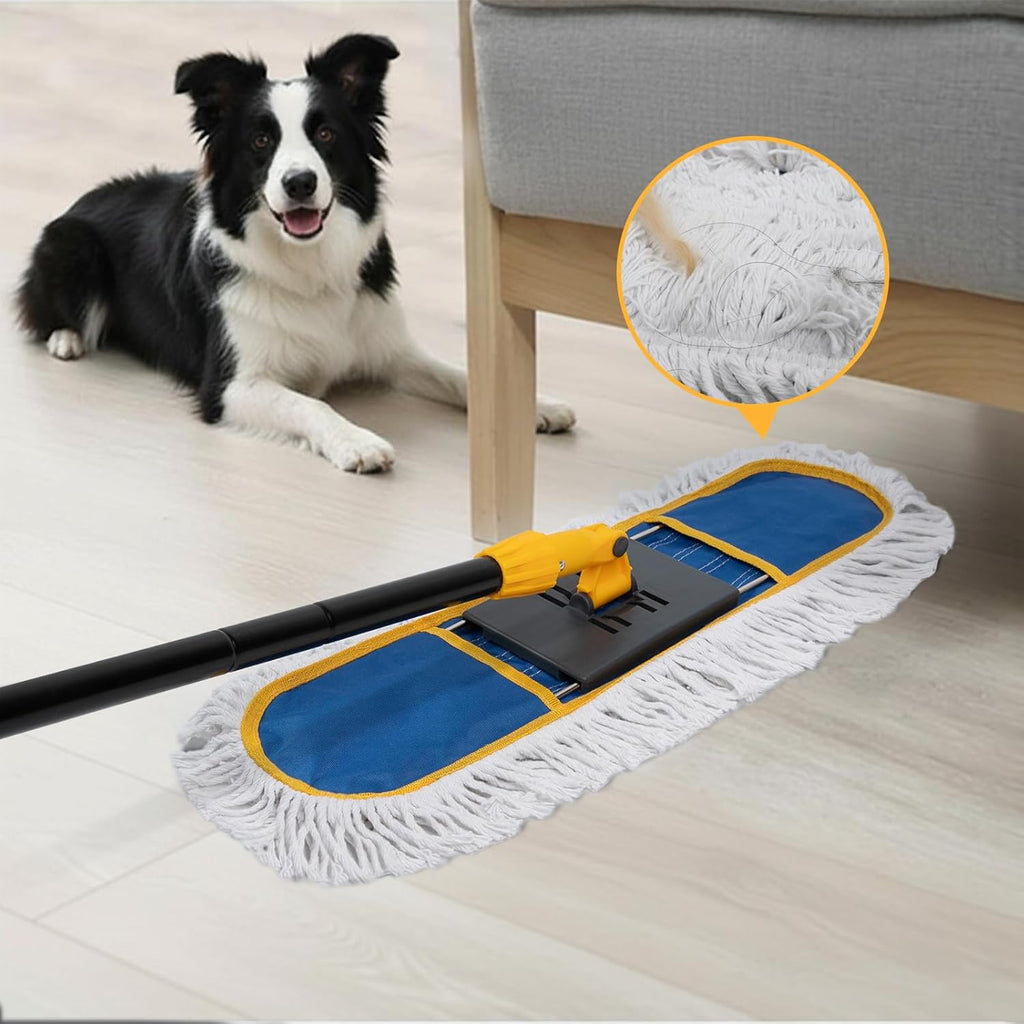 24" Dust Mop for Hardwood Floors and Large Areas - with 2 Cotton Pads, Wet and Dry Mop for Daily Cleaning in Homes, Garages and Commercial Spaces