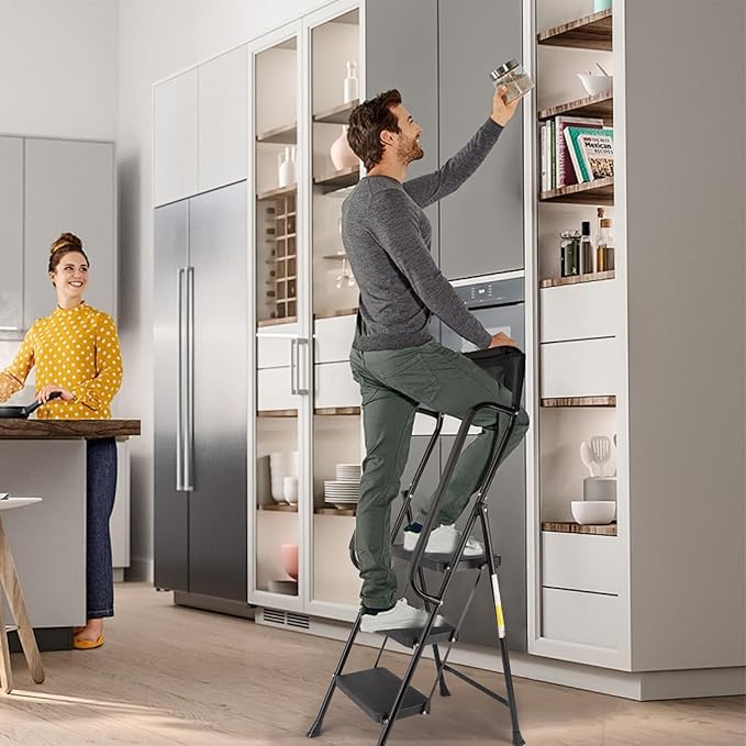 Valeo 3 Step Ladder with Handrails,500 Lbs Capacity,Folding Step Stool Ladder with Attachable Tool Bag,Lightweight & Storage Step Ladder 3 Step Folding,Multi-use for Home,Kitchen,Office,Black