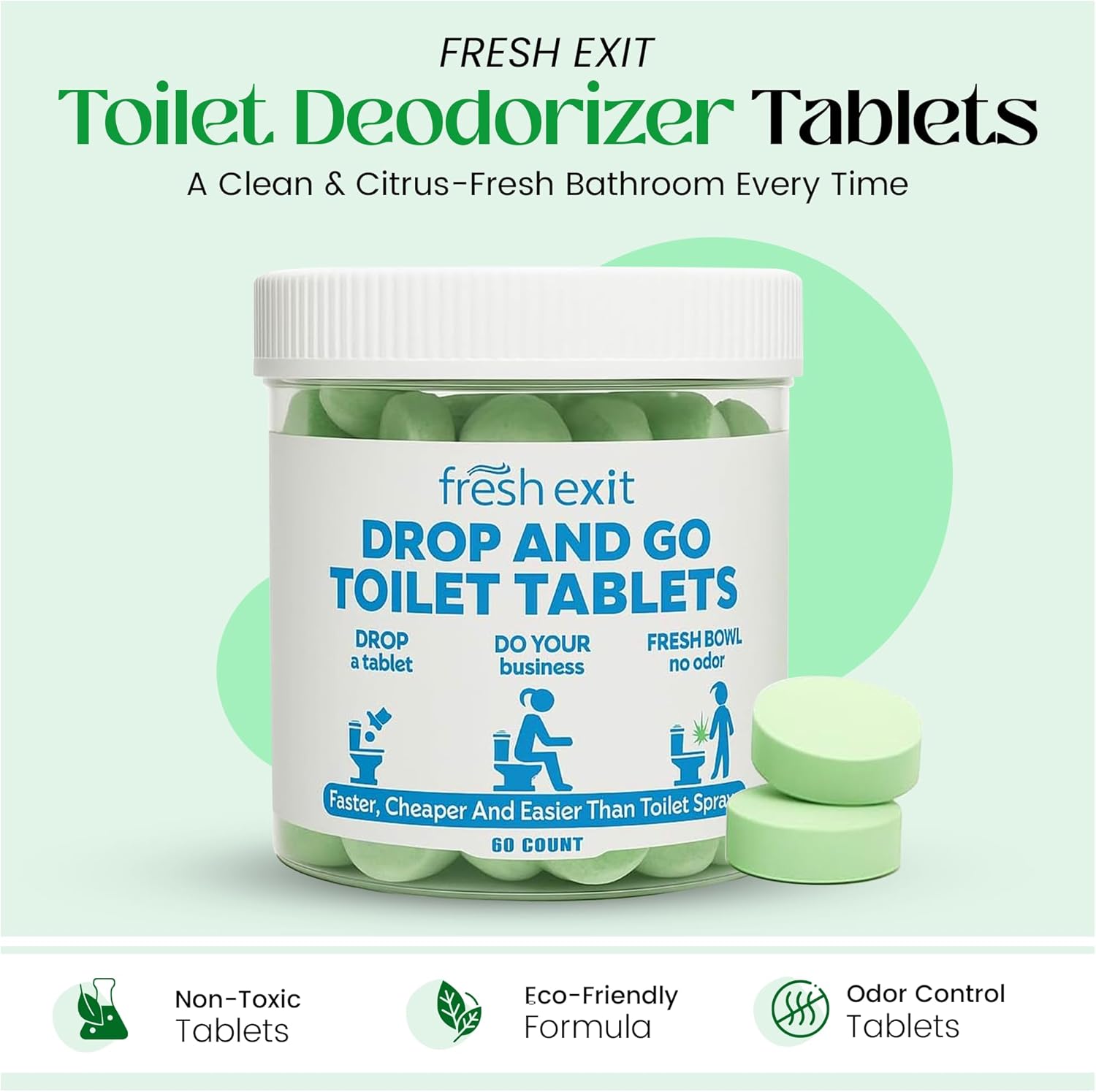 Toilet Deodorizer Tablets – Drop One In and Go – 60 Count Citrus Scent – Odor Elimination for Bathroom – Replaces Toilet Spray – Long Lasting – Fresh Bowl Freshener