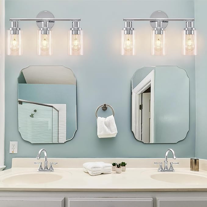 DLLT 3-Light Bathroom Light Fixtures: Chrome Modern Vanity Lights with 3 E26 Bulbs - Clear Glass Shade Bathroom Wall Lamp for Mirror Kitchen Living Room Hallway Cabinet Porch