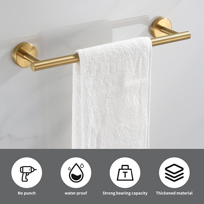 Bathroom Hardware Set Brushed Gold, 10pcs Towel Bar Set Including 2pcs16 inch Towel Bars, Toilet Paper Holders, Towel Rings and 4pcs Robe Towel Hooks