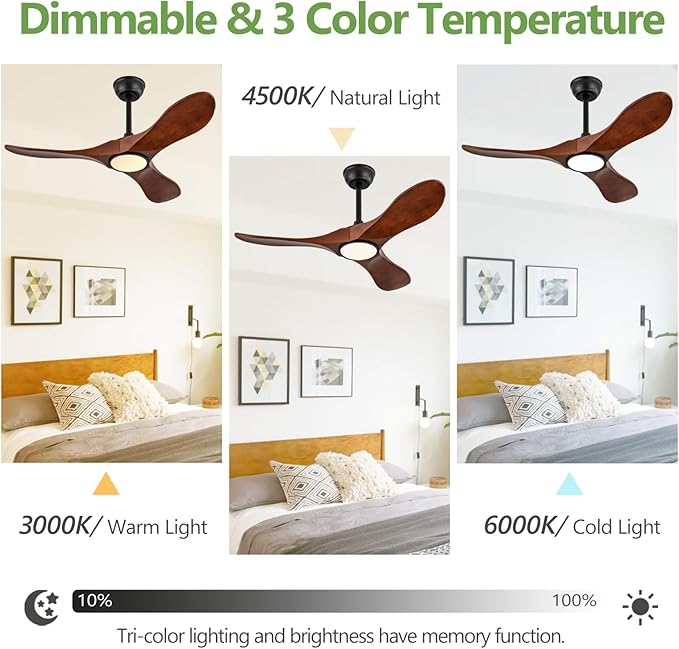 42-Inch Solid Wood Ceiling Fan with Lights, Remote Control, Dimmable, Reversible, Wood Blades, Power-Off Memory, Quiet DC Motor – Modern outdoor Ceiling Fan for Living Room, Bedroom, Patio